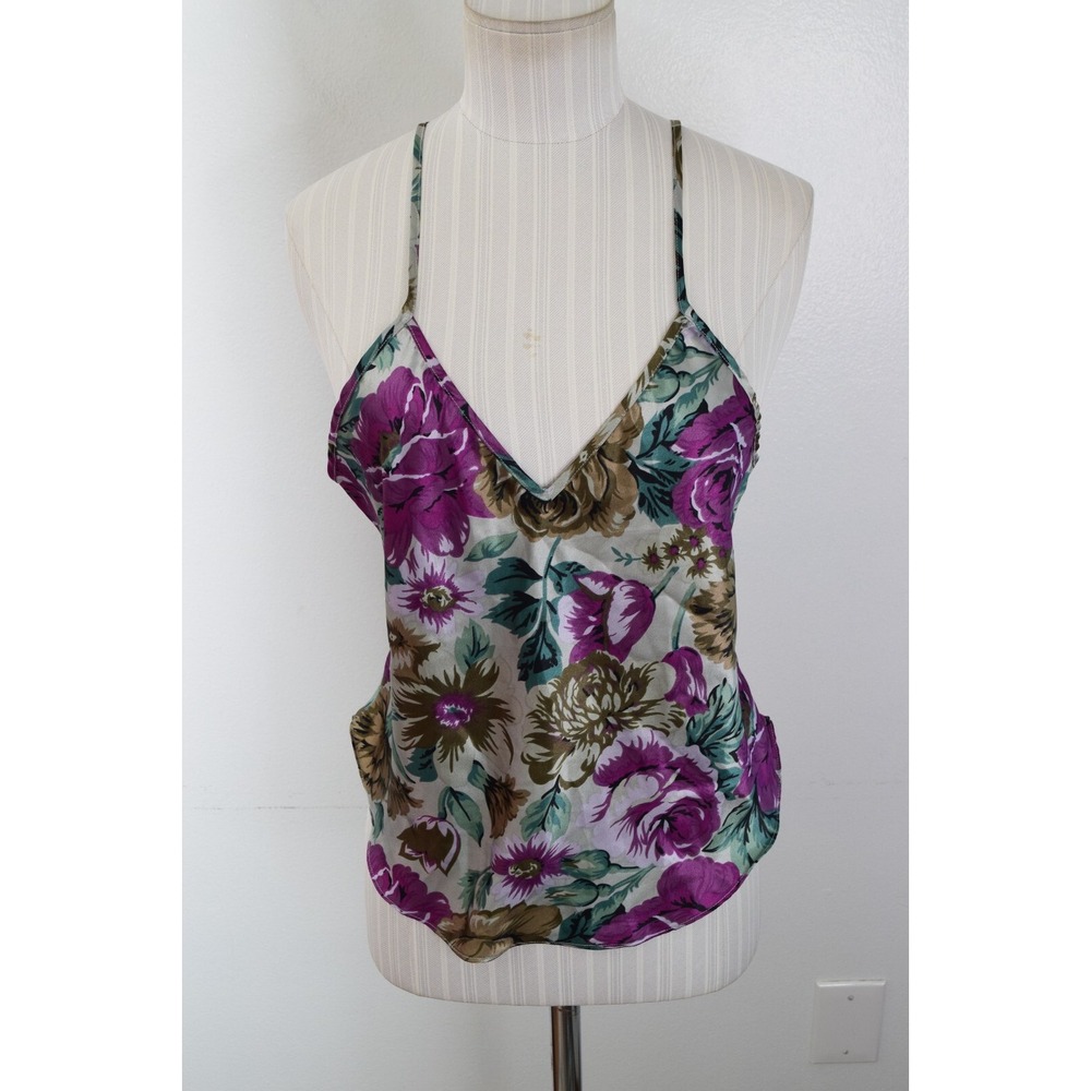 Victoria's Secret Cami M Purple Floral Gold Label Satin V-Neck Vintage Women Y2K